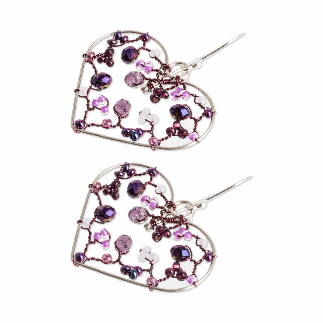 Heart-Shaped Purple Crystal and Glass Beaded Dangle Earrings - Lavender Feelings