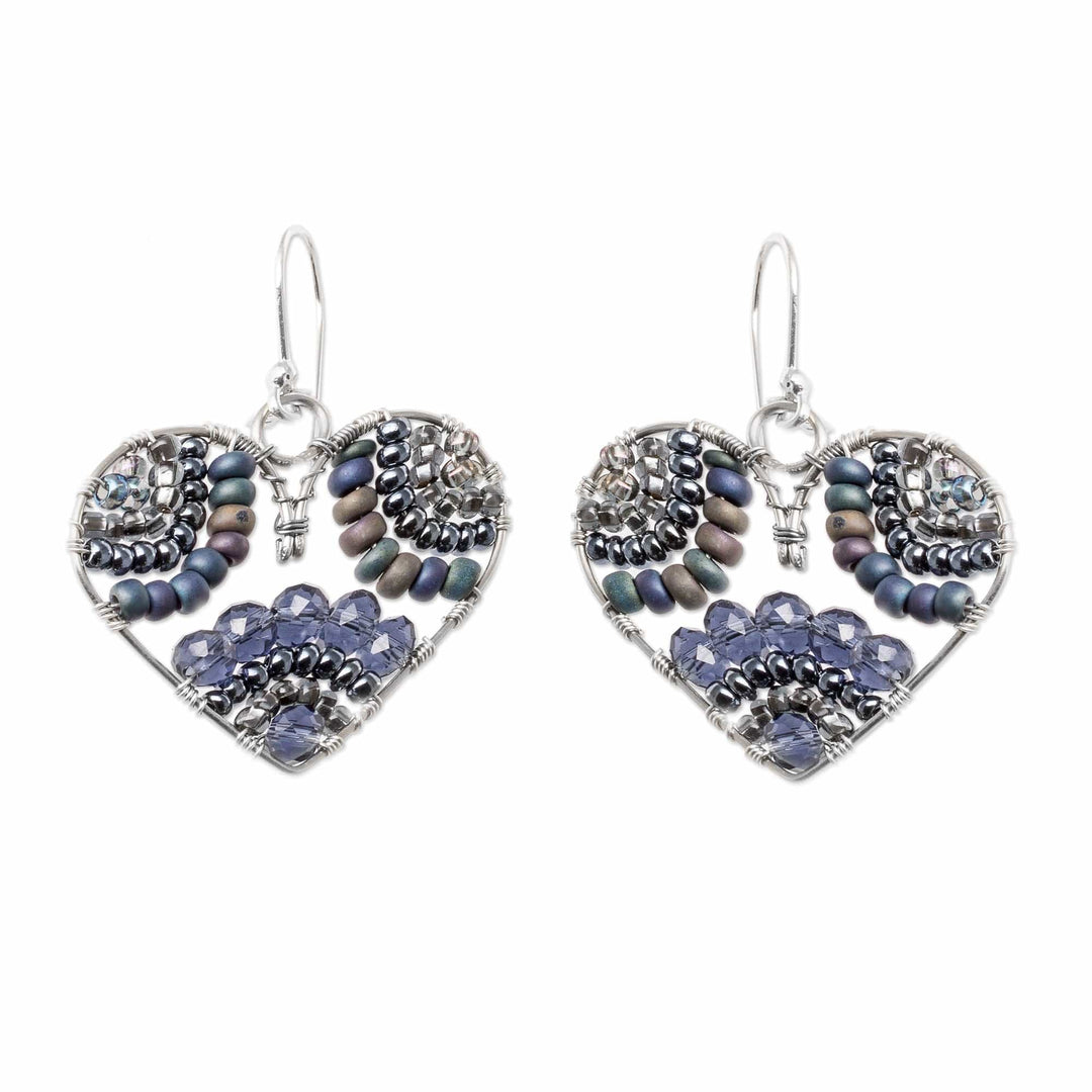 Heart-Themed Grey Crystal and Glass Beaded Dangle Earrings - Deeply in Love
