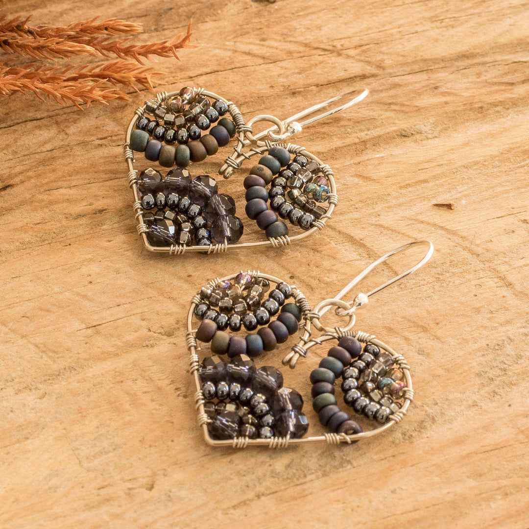 Heart-Themed Grey Crystal and Glass Beaded Dangle Earrings - Deeply in Love