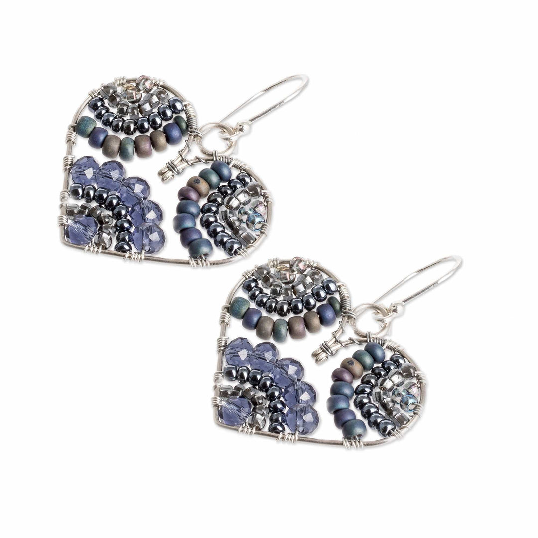 Heart-Themed Grey Crystal and Glass Beaded Dangle Earrings - Deeply in Love