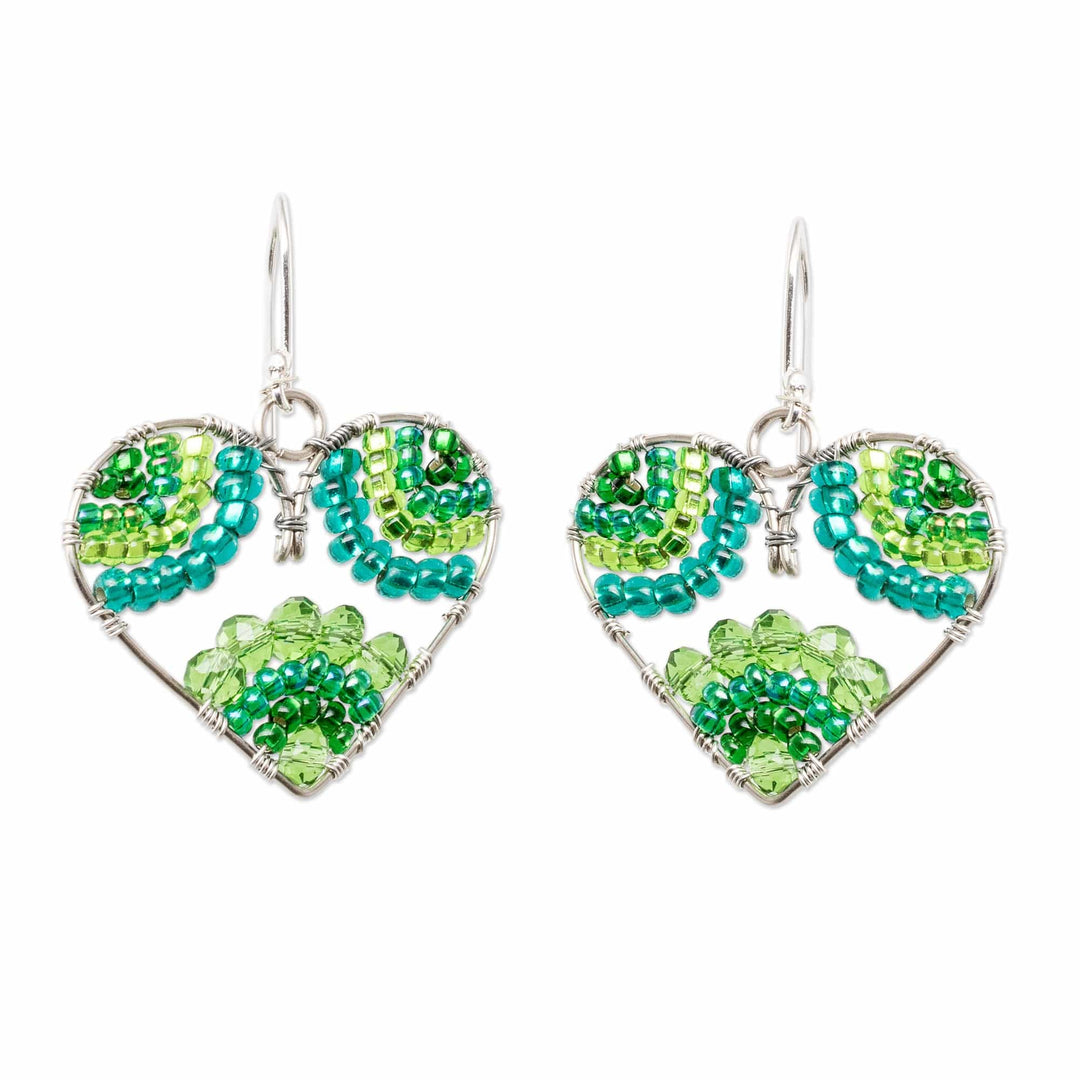 Heart-Themed Green Crystal and Glass Beaded Dangle Earrings - Serenely in Love