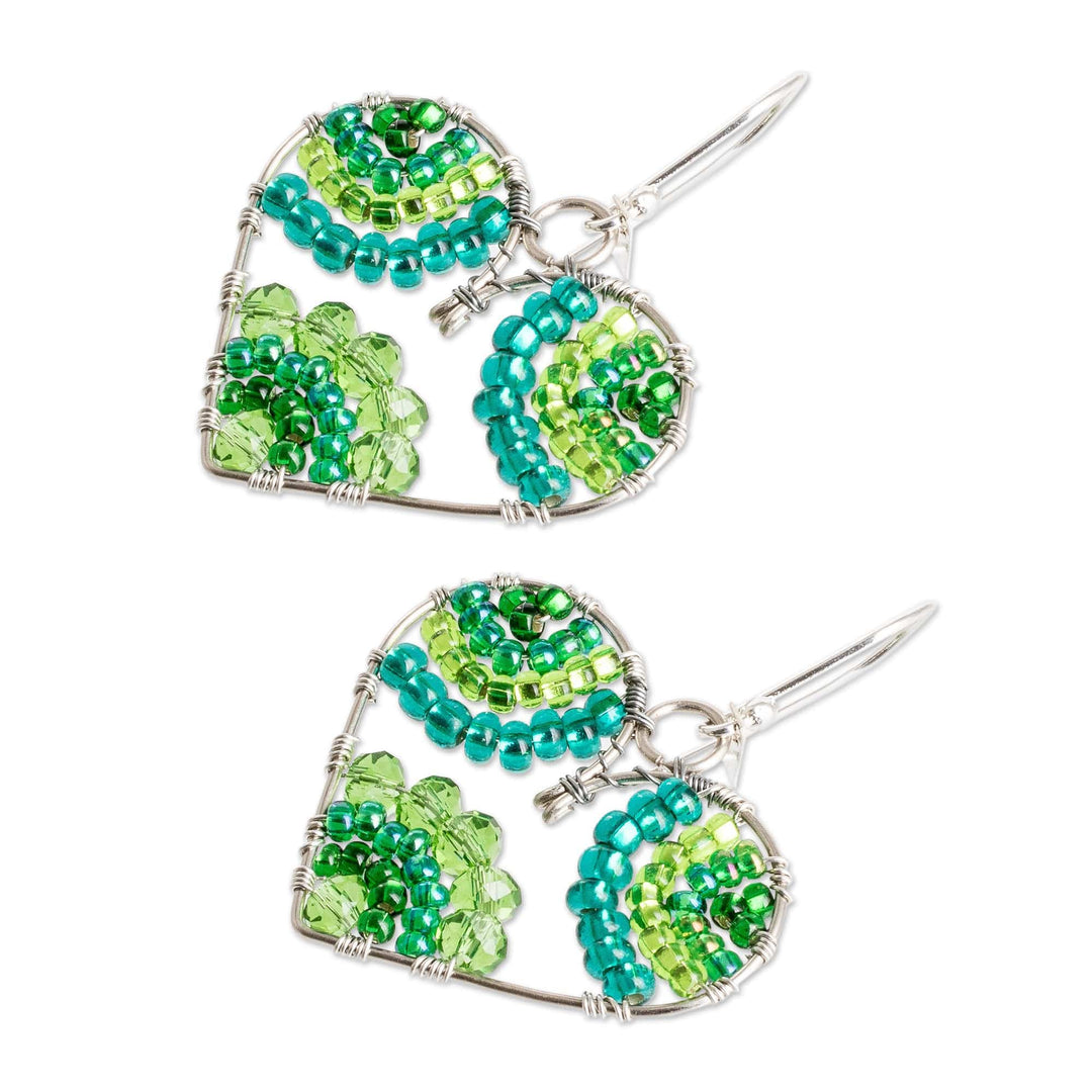 Heart-Themed Green Crystal and Glass Beaded Dangle Earrings - Serenely in Love