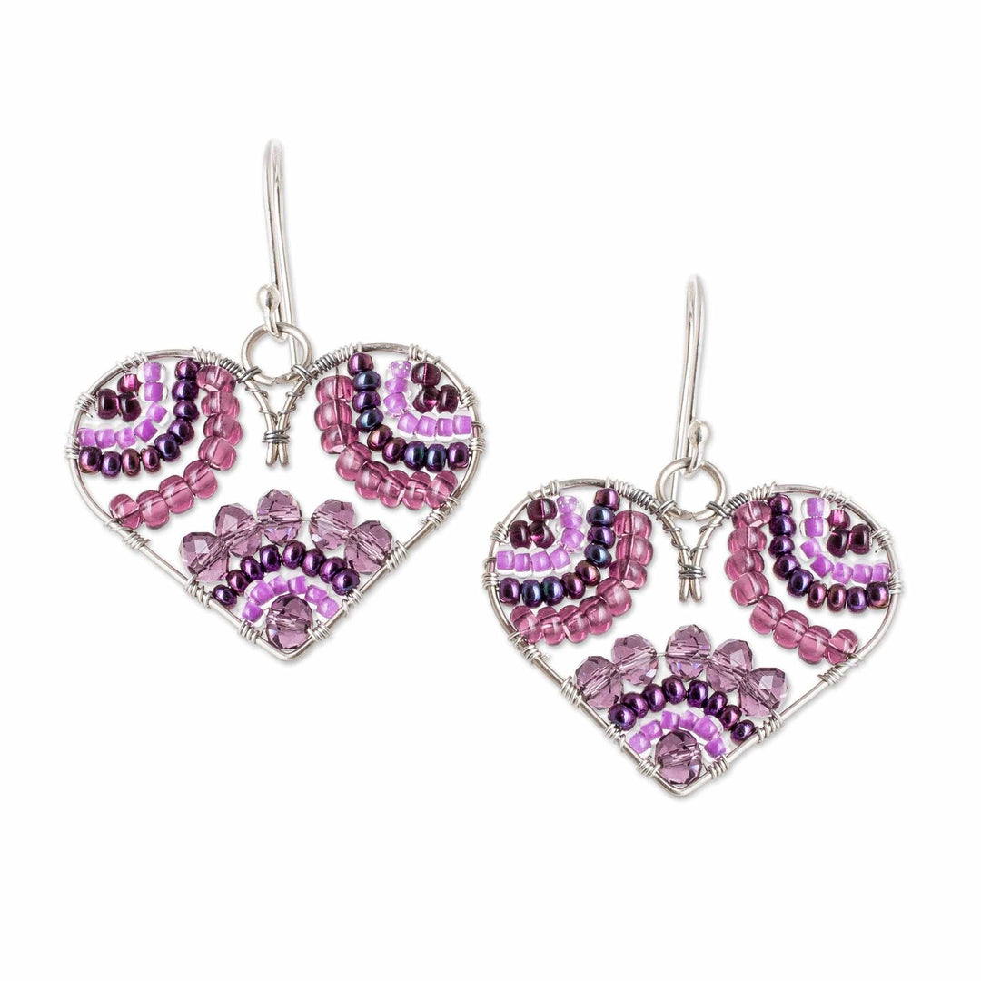 Heart-Themed Purple Crystal and Glass Beaded Dangle Earrings - Kindly in Love