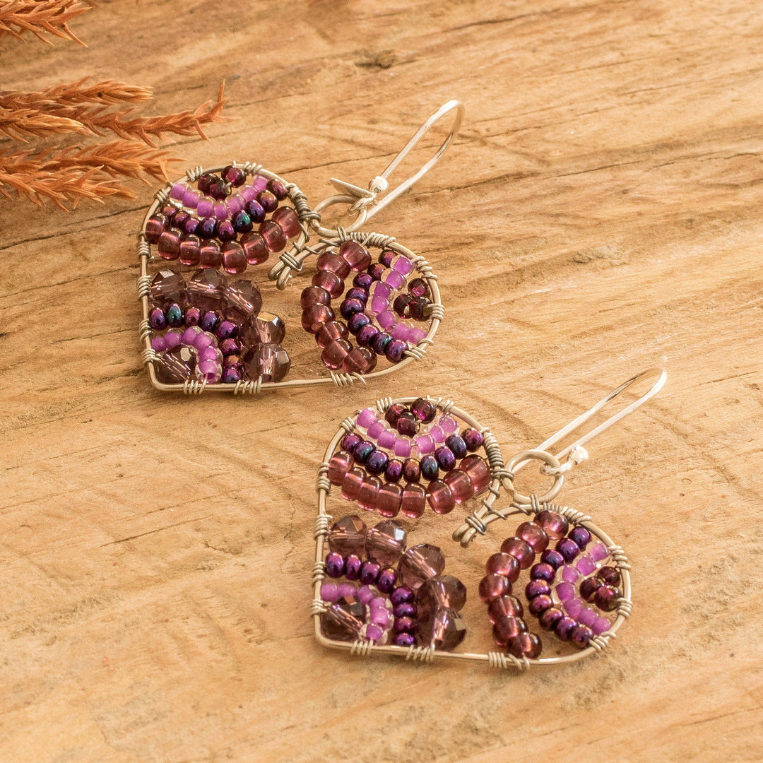 Heart-Themed Purple Crystal and Glass Beaded Dangle Earrings - Kindly in Love