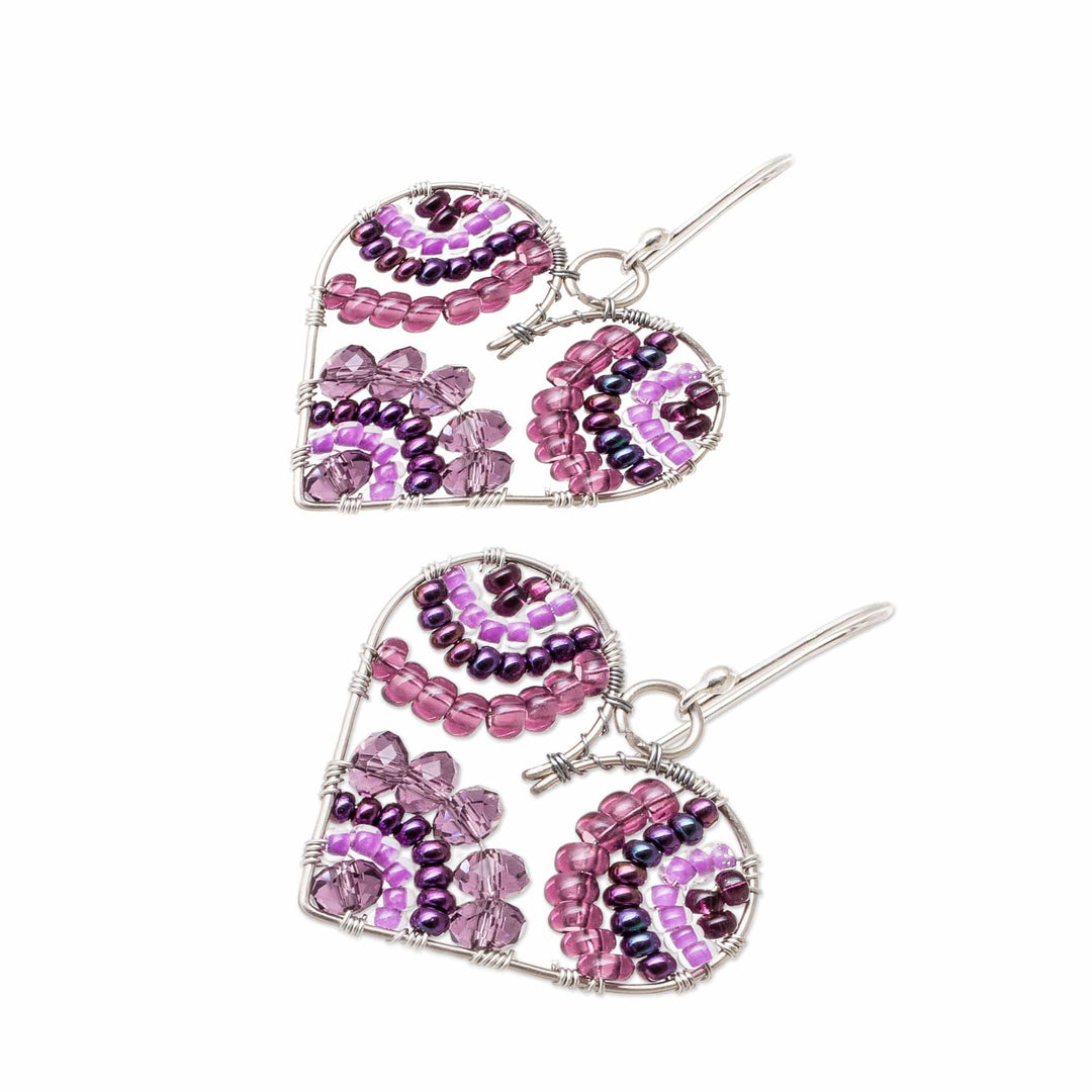 Heart-Themed Purple Crystal and Glass Beaded Dangle Earrings - Kindly in Love