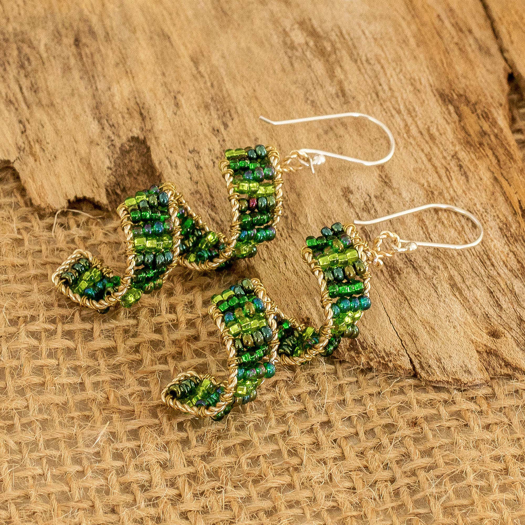 Handcrafted Glass Beaded Dangle Earrings in Green - Green Fiesta
