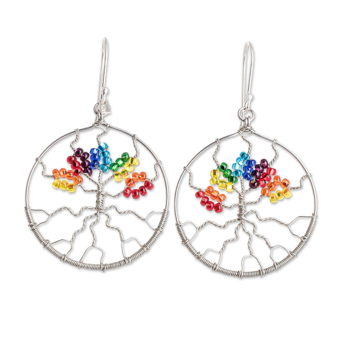 Handmade Crystal & Glass Beaded Tree of Life Dangle Earrings - Colorful Tree