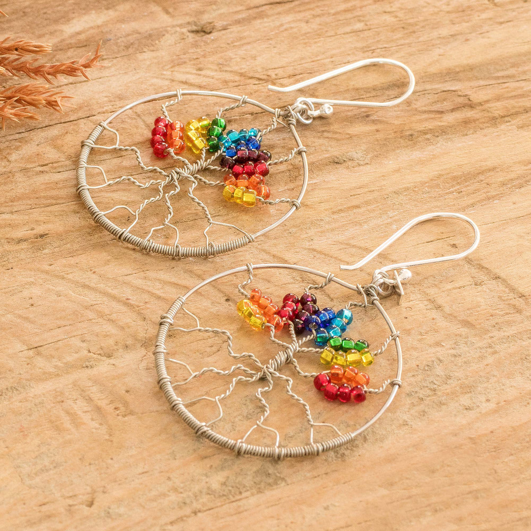 Handmade Crystal & Glass Beaded Tree of Life Dangle Earrings - Colorful Tree