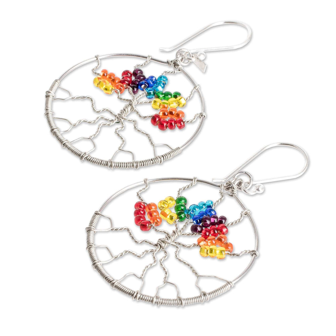Handmade Crystal & Glass Beaded Tree of Life Dangle Earrings - Colorful Tree
