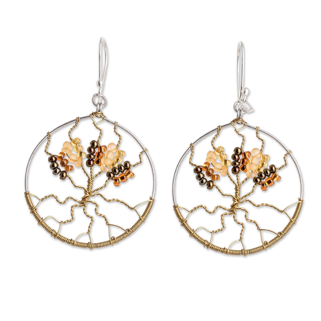 Tree of Life Dangle Earrings with Crystal and Glass Beads - Golden Tree