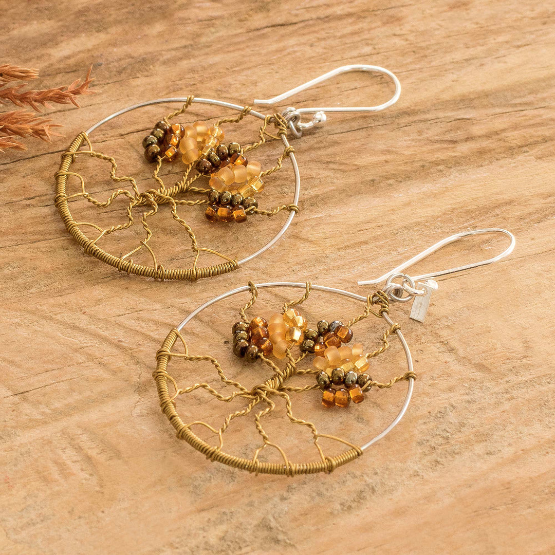 Tree of Life Dangle Earrings with Crystal and Glass Beads - Golden Tree