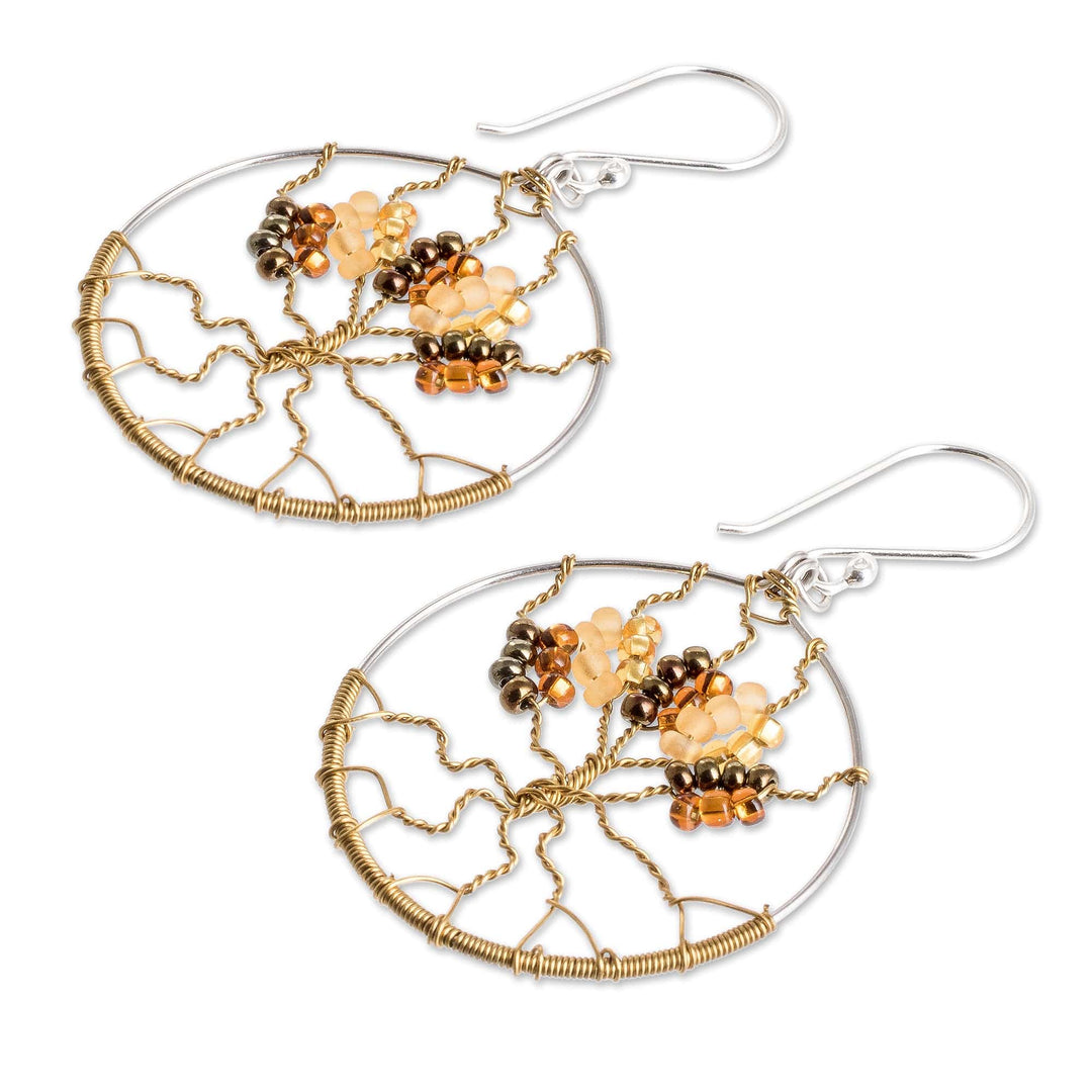 Tree of Life Dangle Earrings with Crystal and Glass Beads - Golden Tree