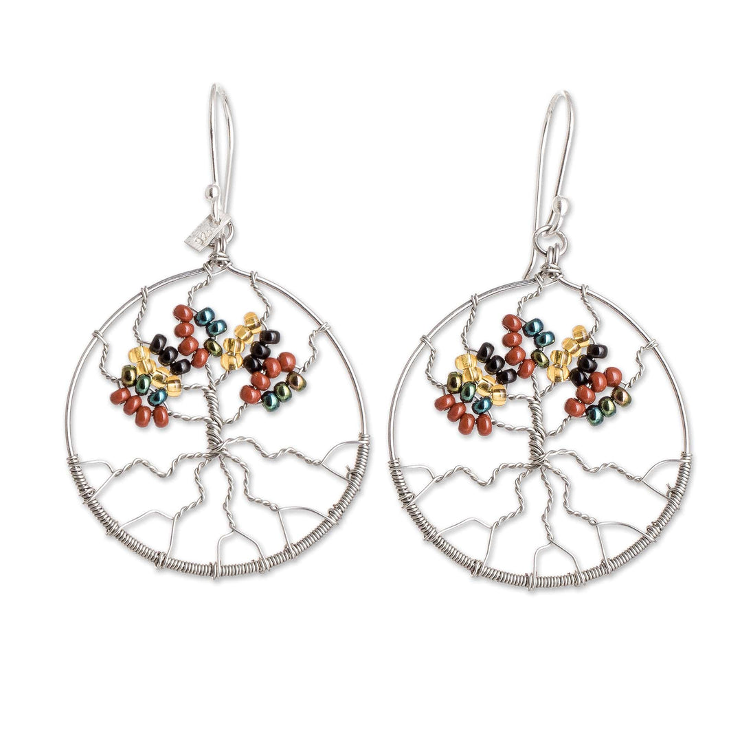 Crystal and Glass Beaded Tree of Life Themed Dangle Earrings - Silver Tree