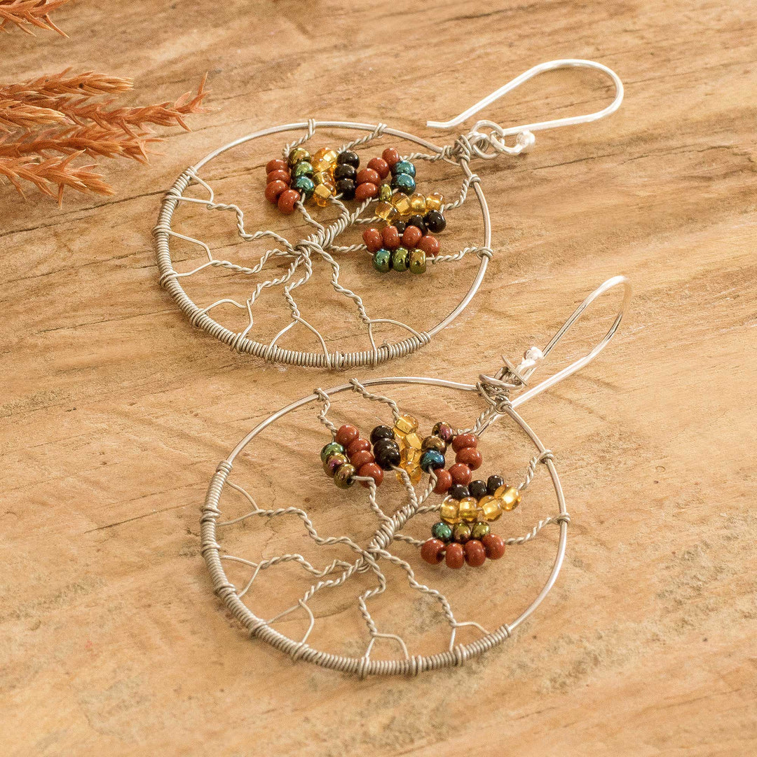 Crystal and Glass Beaded Tree of Life Themed Dangle Earrings - Silver Tree