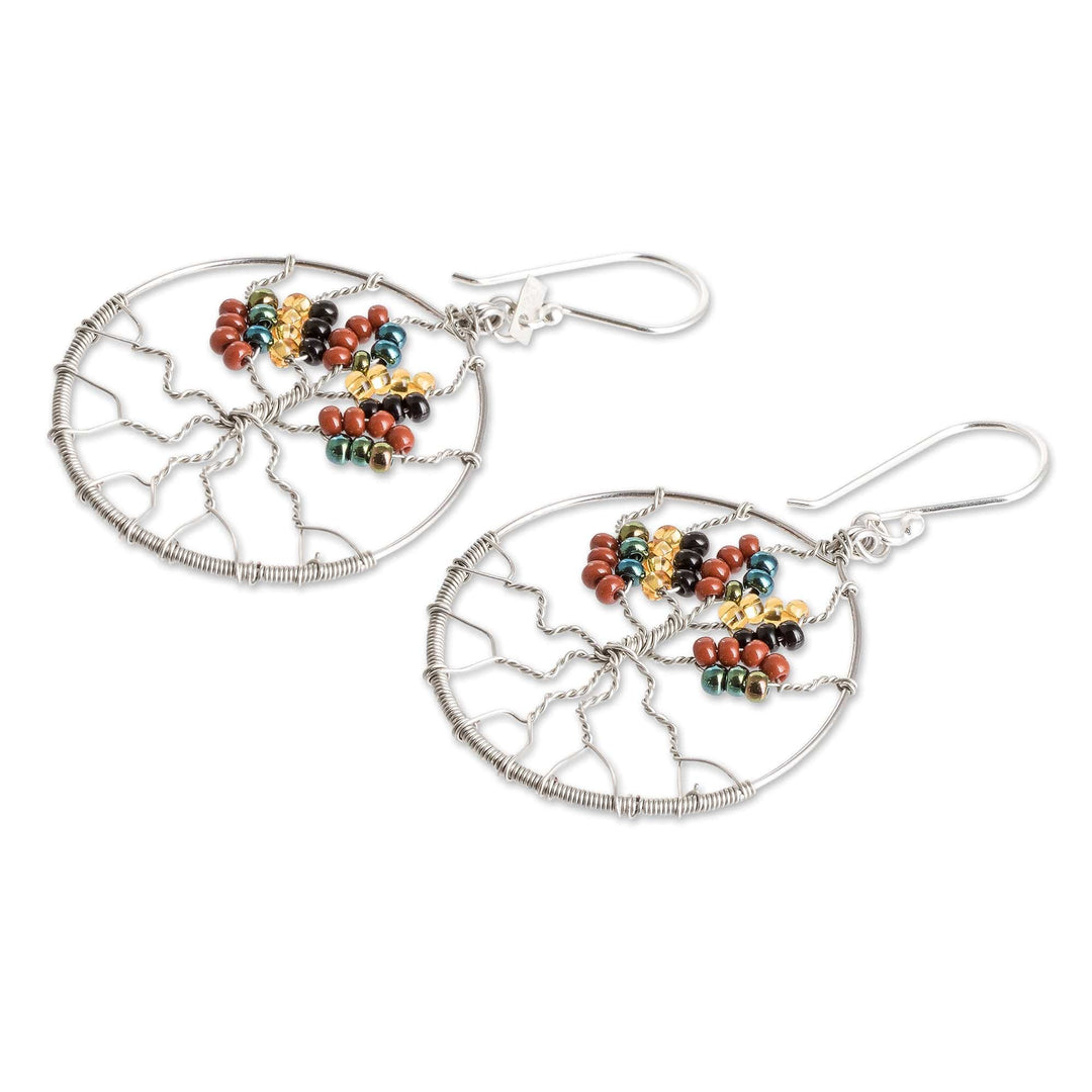 Crystal and Glass Beaded Tree of Life Themed Dangle Earrings - Silver Tree