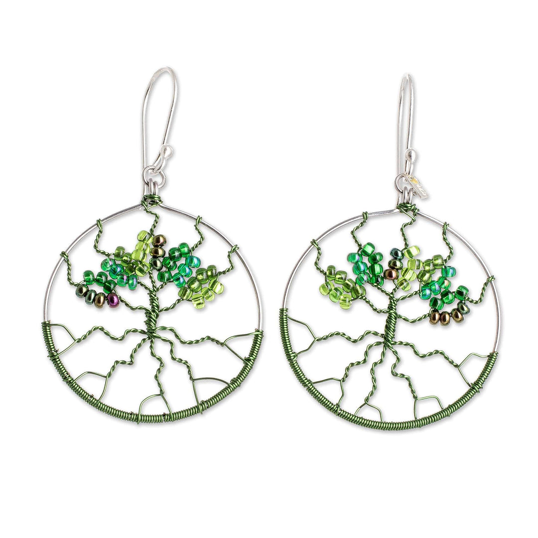 Crystal & Glass Beaded Tree of Life Dangle Earrings in Green - Green Tree