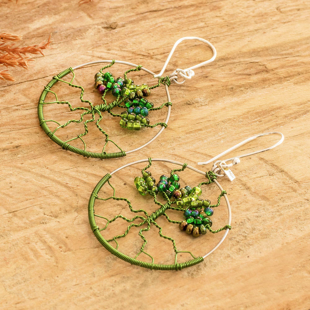 Crystal & Glass Beaded Tree of Life Dangle Earrings in Green - Green Tree