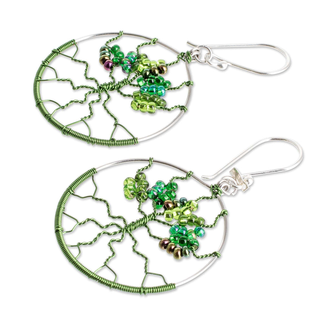Crystal & Glass Beaded Tree of Life Dangle Earrings in Green - Green Tree