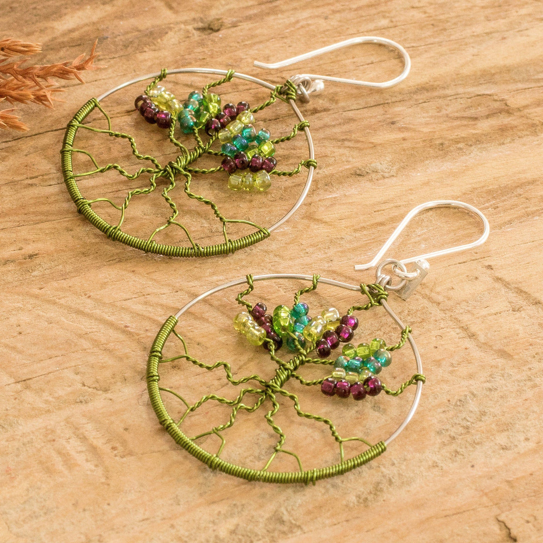 Tree-Themed Green Crystal and Glass Beaded Dangle Earrings - Roots of Vitality in Green
