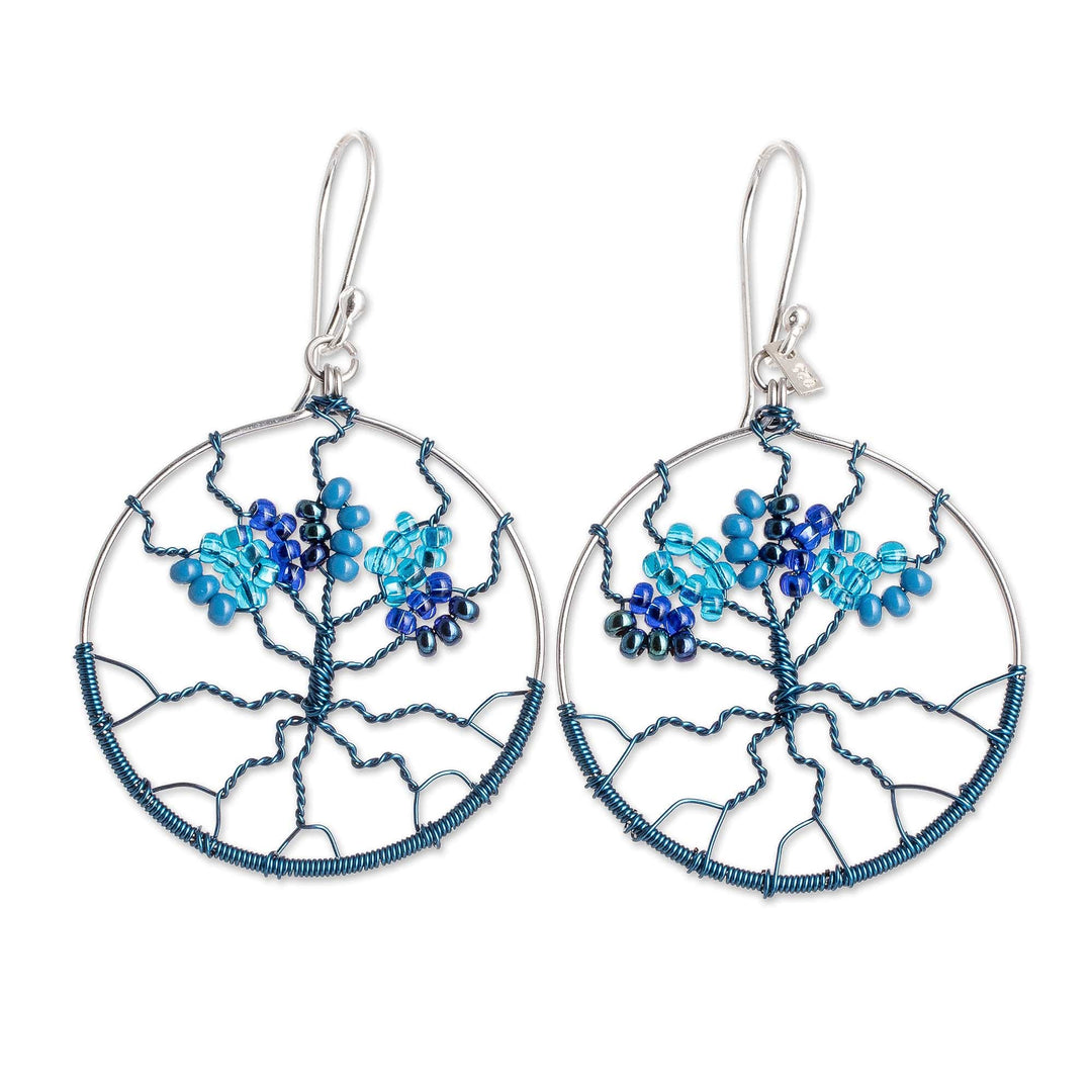 Crystal & Glass Beaded Tree of Life Dangle Earrings in Blue - Blue Tree