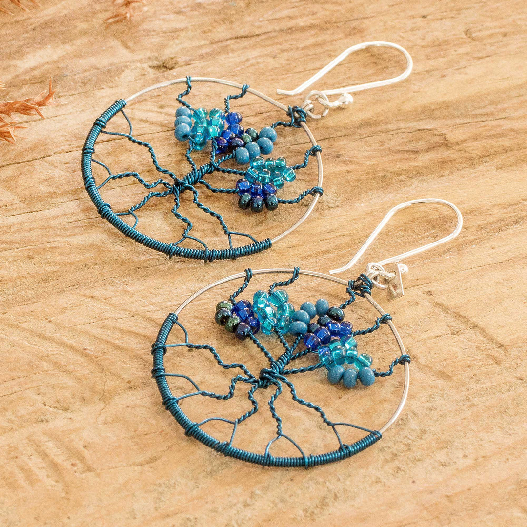 Crystal & Glass Beaded Tree of Life Dangle Earrings in Blue - Blue Tree