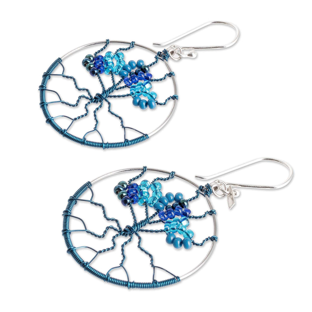 Crystal & Glass Beaded Tree of Life Dangle Earrings in Blue - Blue Tree