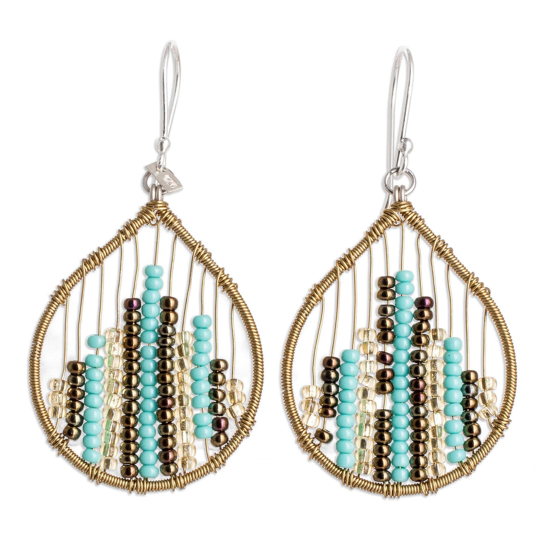 Glass Beaded Dangle Earrings in Aqua and Golden - Aqua Contrasts