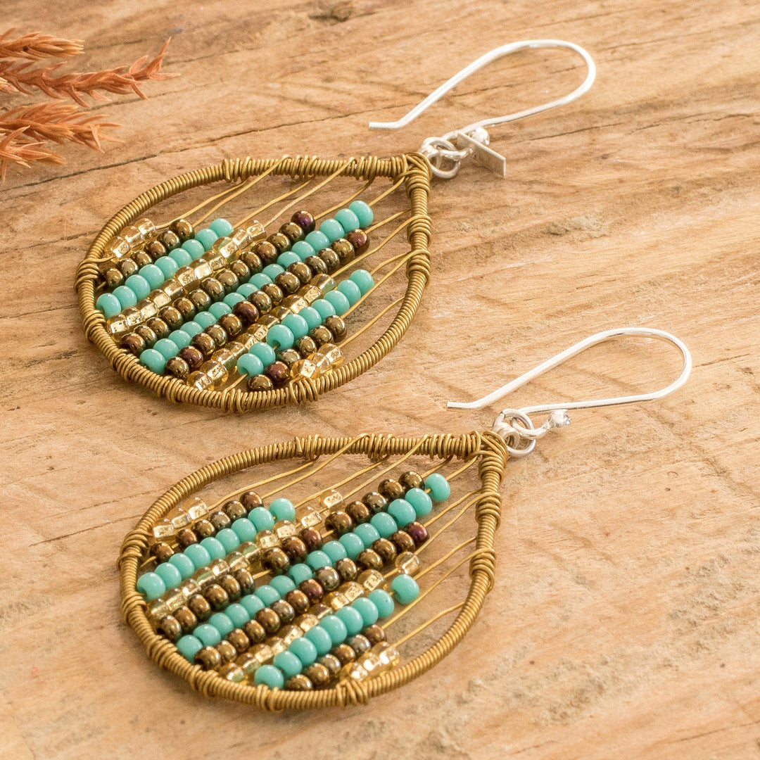 Glass Beaded Dangle Earrings in Aqua and Golden - Aqua Contrasts