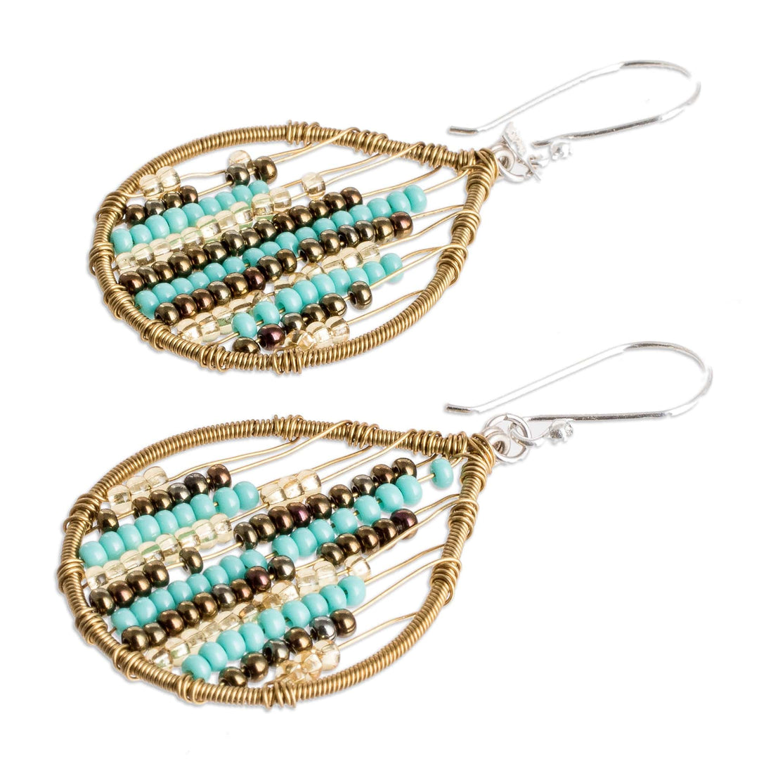 Glass Beaded Dangle Earrings in Aqua and Golden - Aqua Contrasts