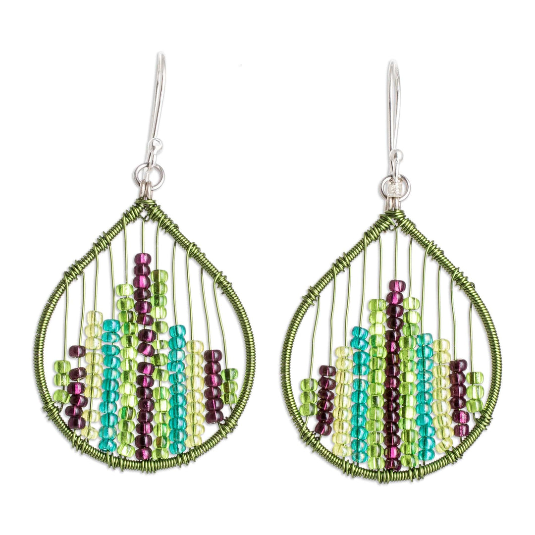 Glass Beaded Dangle Earrings in Green and Purple - Nature Contrasts