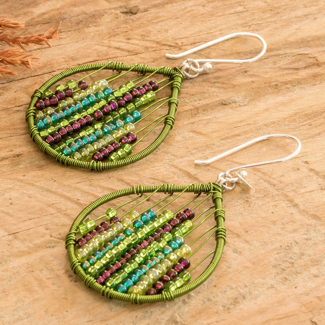 Glass Beaded Dangle Earrings in Green and Purple - Nature Contrasts