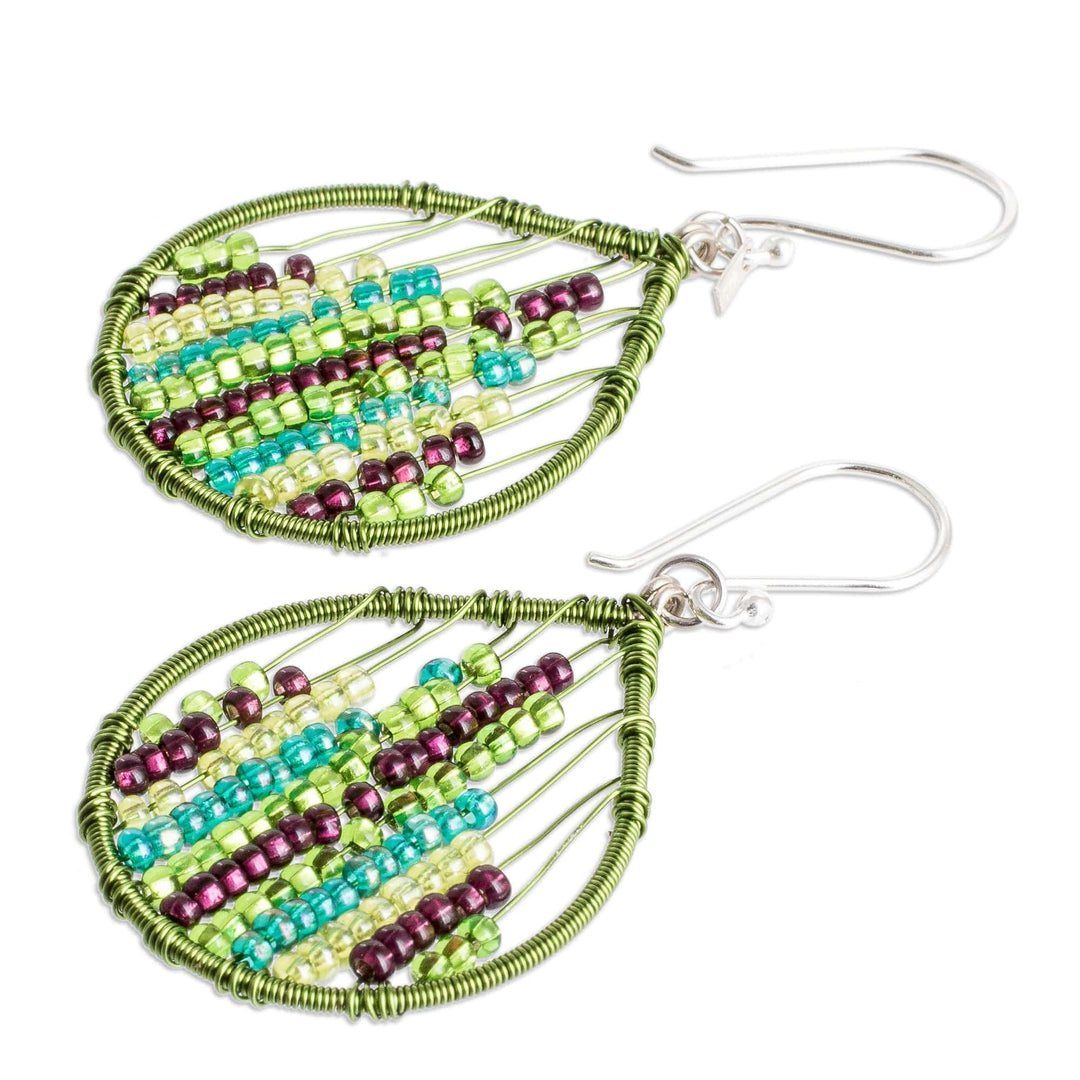 Glass Beaded Dangle Earrings in Green and Purple - Nature Contrasts