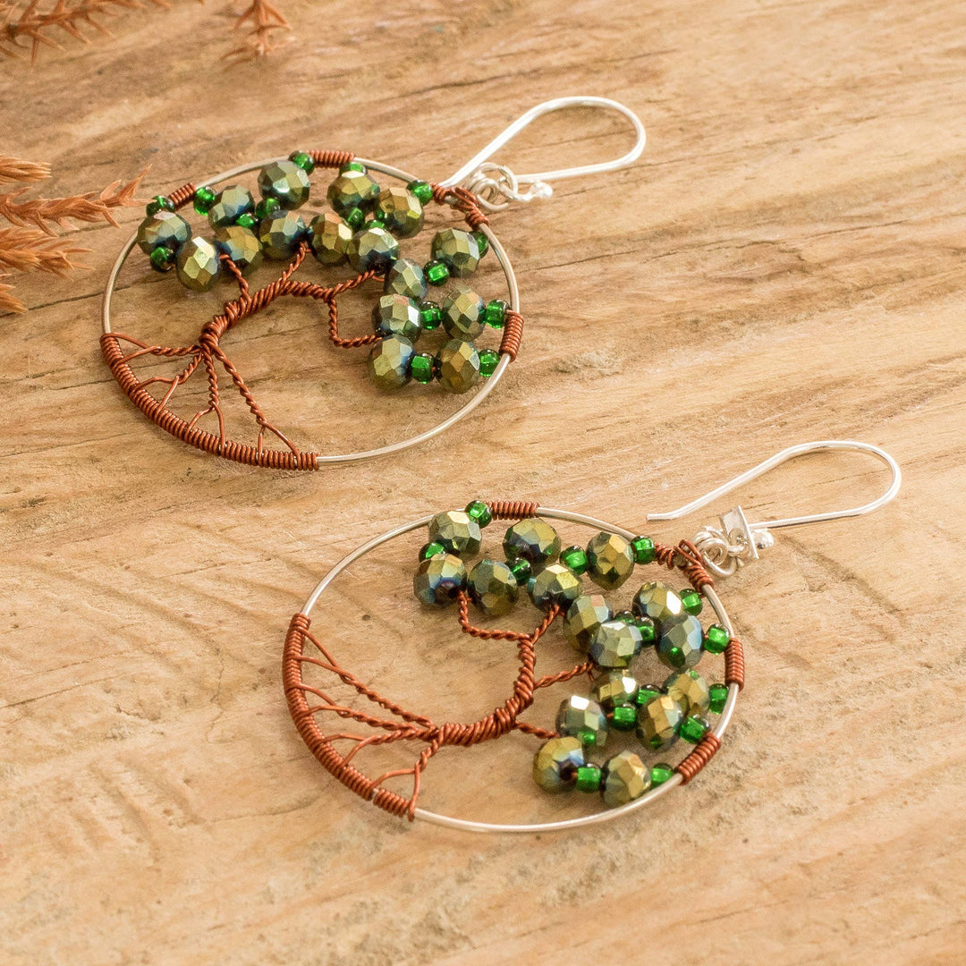 Tree-Themed Green Crystal and Glass Beaded Dangle Earrings - Fruits of Hope