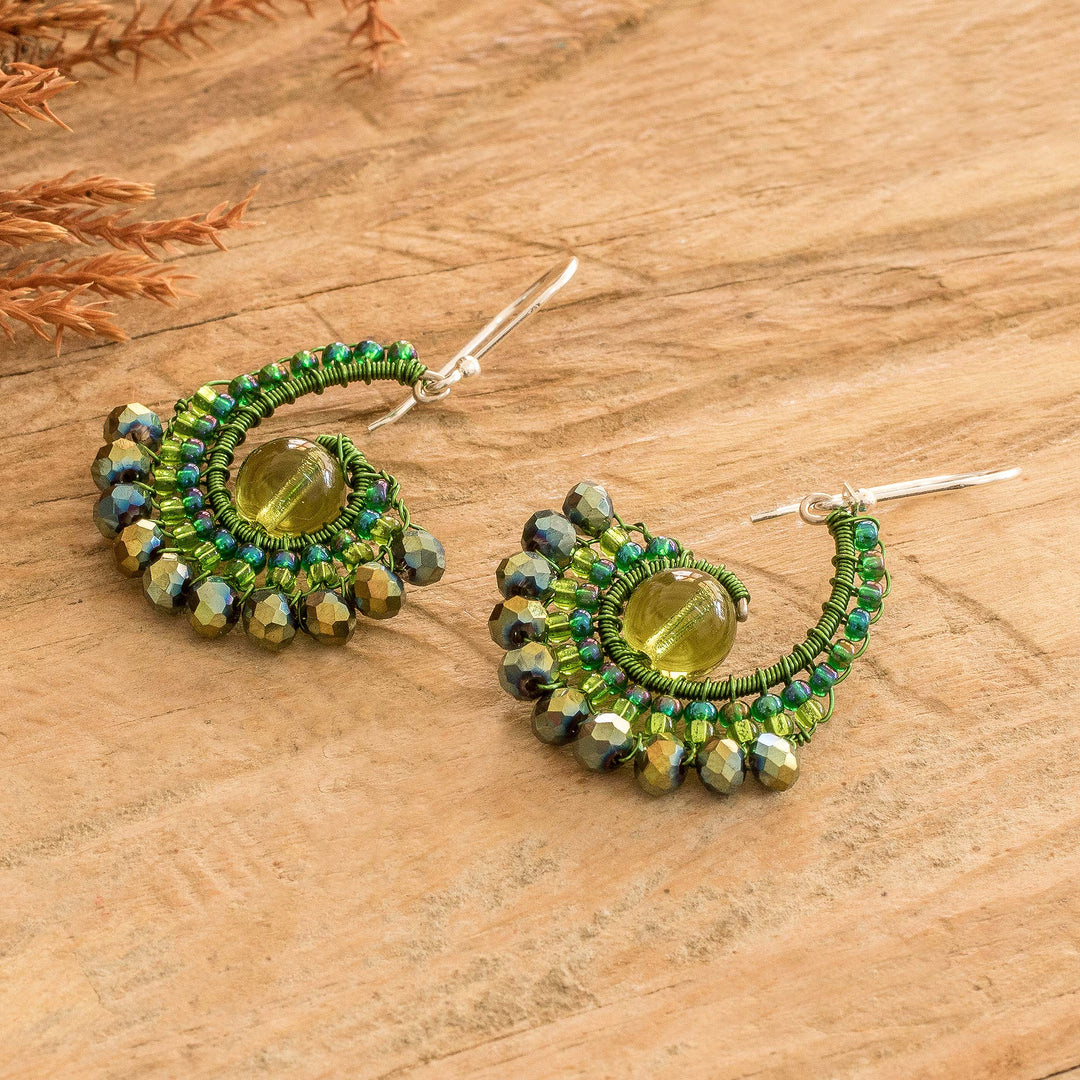 Handcrafted Green Crystal and Glass Beaded Dangle Earrings - Forest Tails