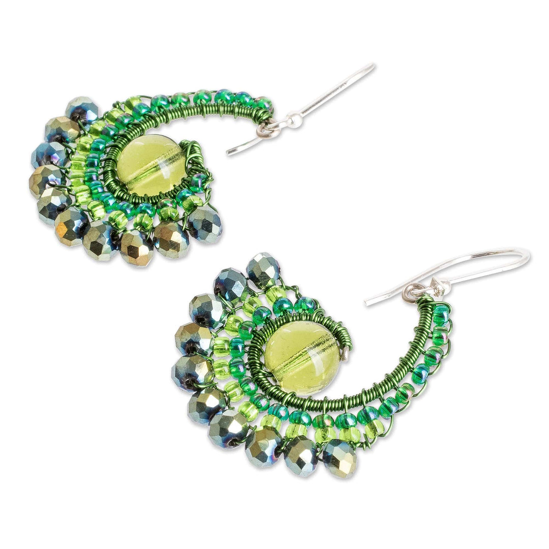 Handcrafted Green Crystal and Glass Beaded Dangle Earrings - Forest Tails
