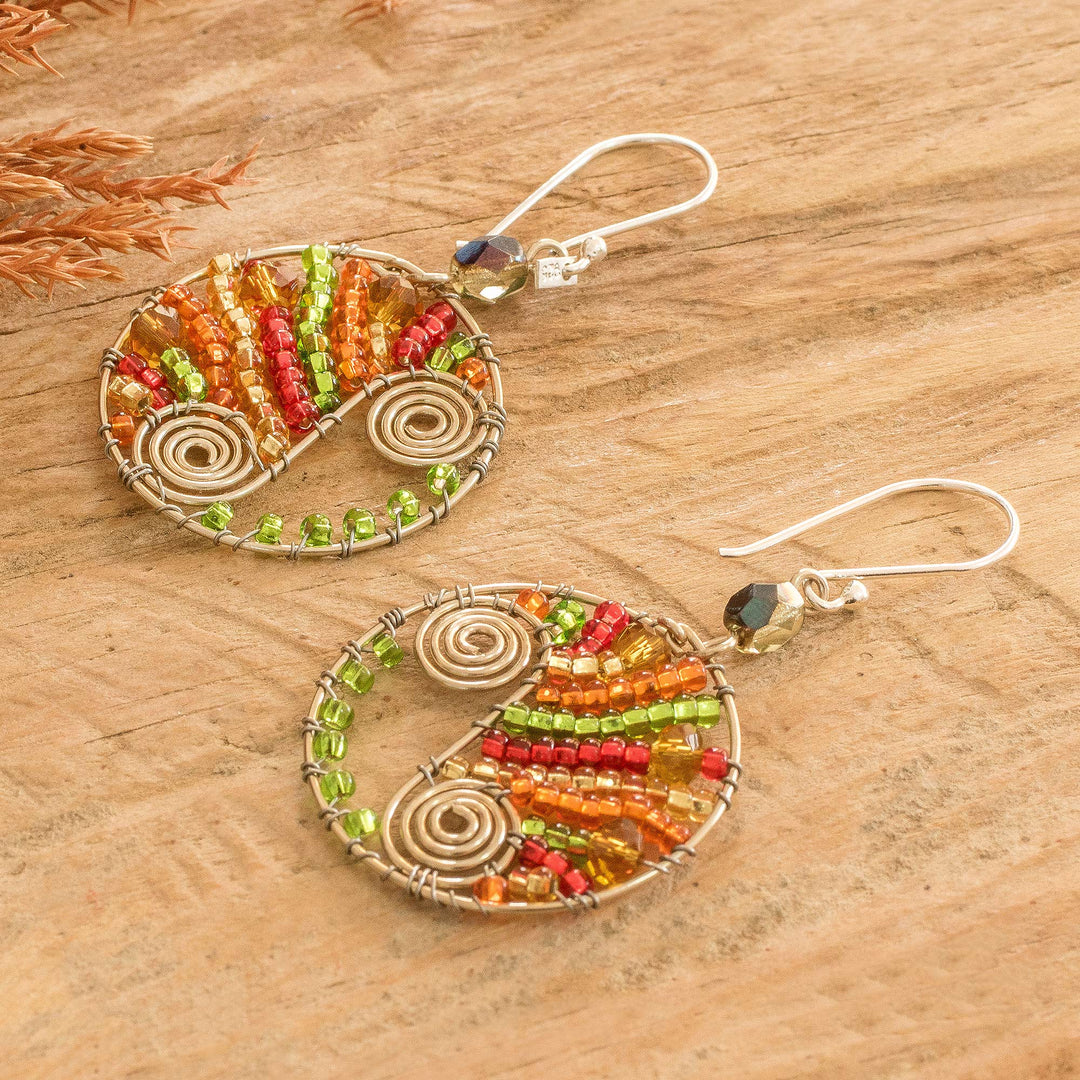 Orange and Green Crystal and Glass Beaded Dangle Earrings - Autumn Snail