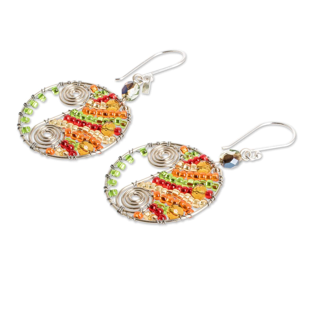 Orange and Green Crystal and Glass Beaded Dangle Earrings - Autumn Snail