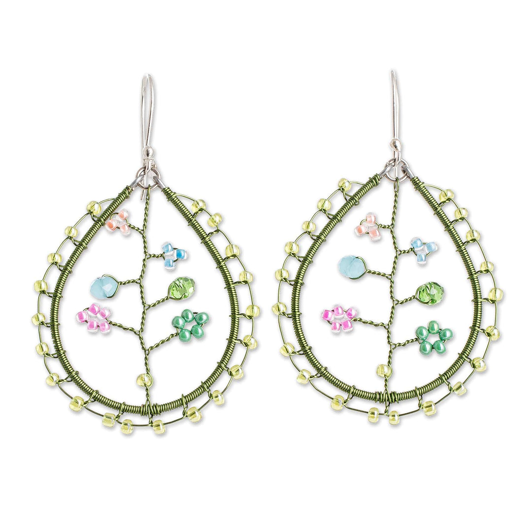 Floral Green Crystal and Glass Beaded Dangle Earrings - Spring of Hope
