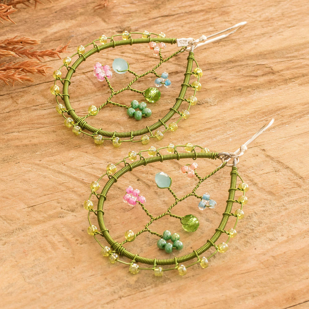 Floral Green Crystal and Glass Beaded Dangle Earrings - Spring of Hope