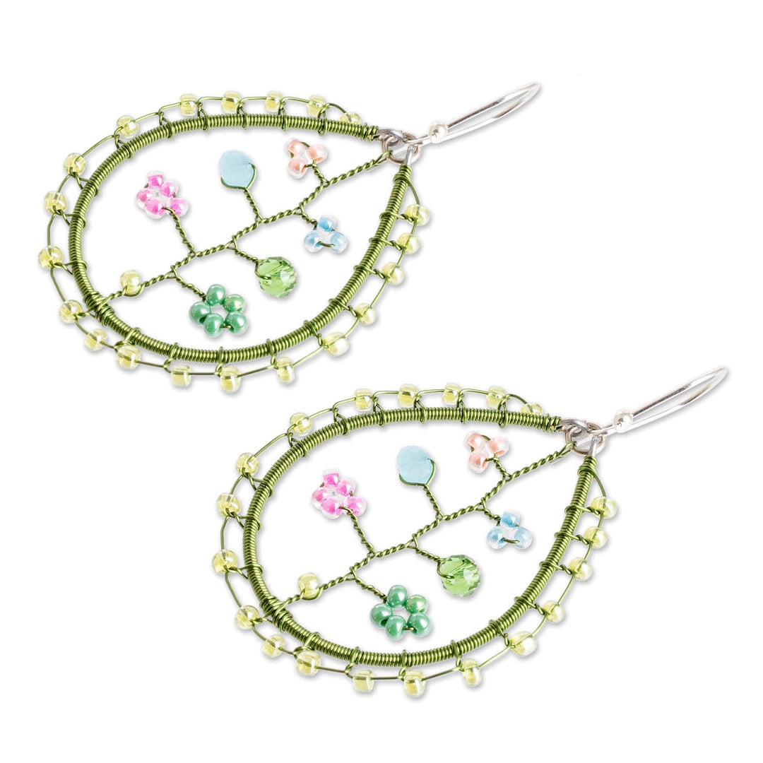 Floral Green Crystal and Glass Beaded Dangle Earrings - Spring of Hope
