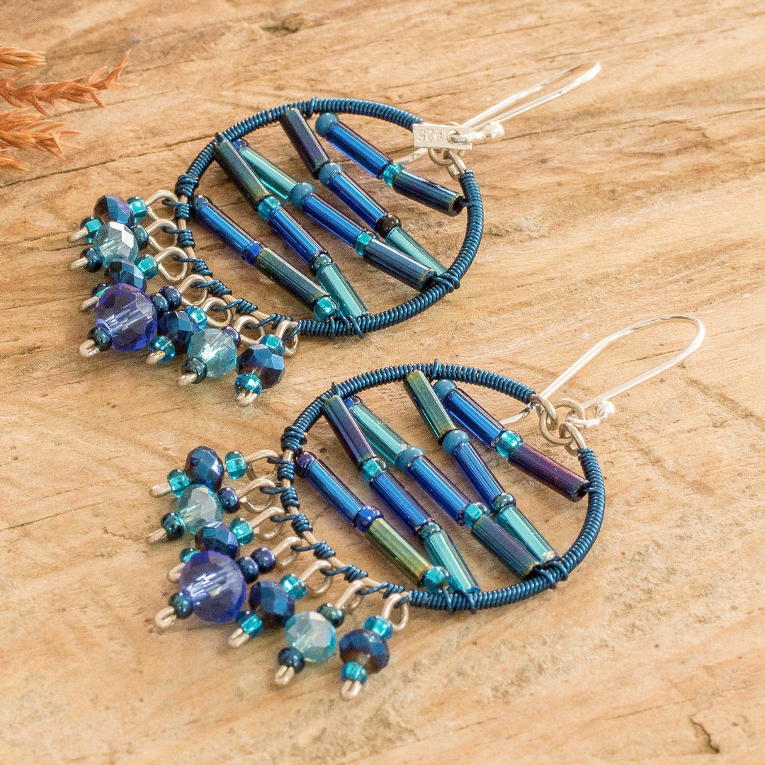 Blue Crystal and Glass Beaded Dangle Earrings from Guatemala - Heaven's Ornaments