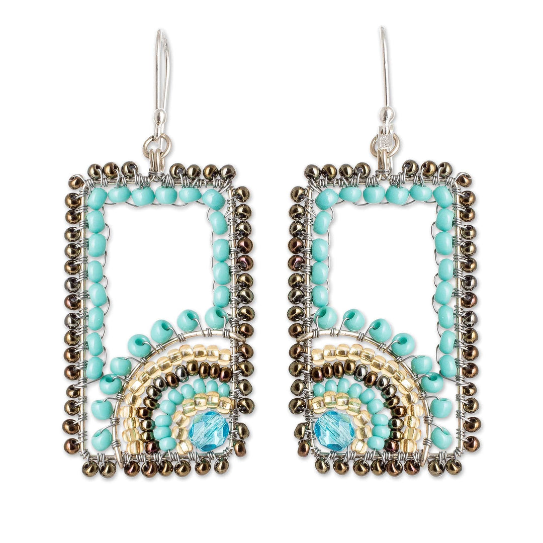 Rectangular Turquoise and Golden Beaded Dangle Earrings - Aqua Portals