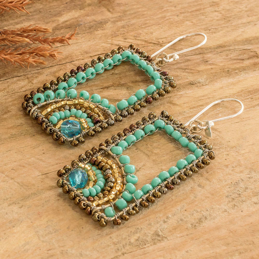 Rectangular Turquoise and Golden Beaded Dangle Earrings - Aqua Portals