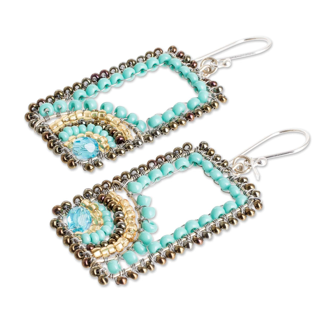 Rectangular Turquoise and Golden Beaded Dangle Earrings - Aqua Portals
