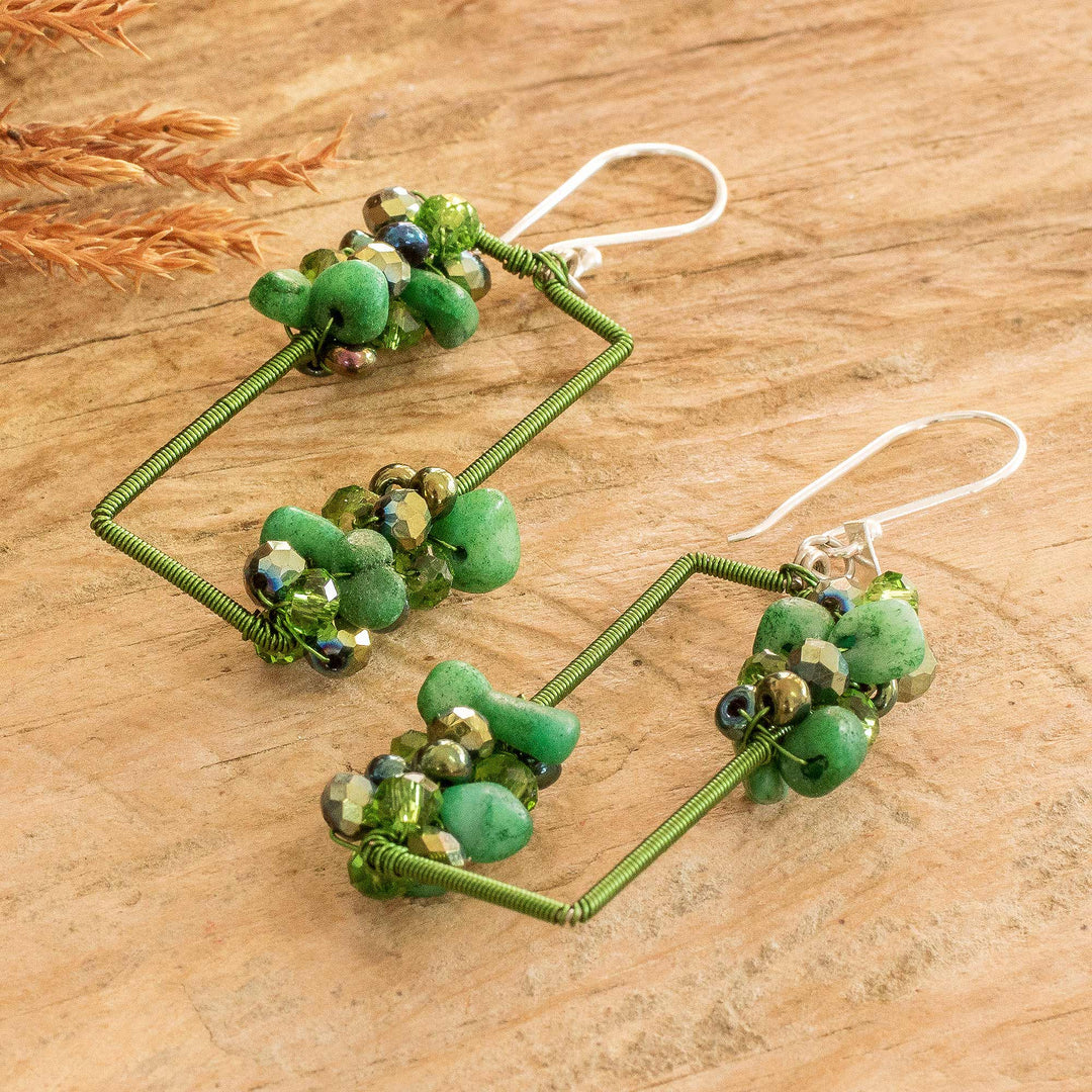 Green Jasper Crystal & Glass Beaded Dangle Earrings - Precious Nature