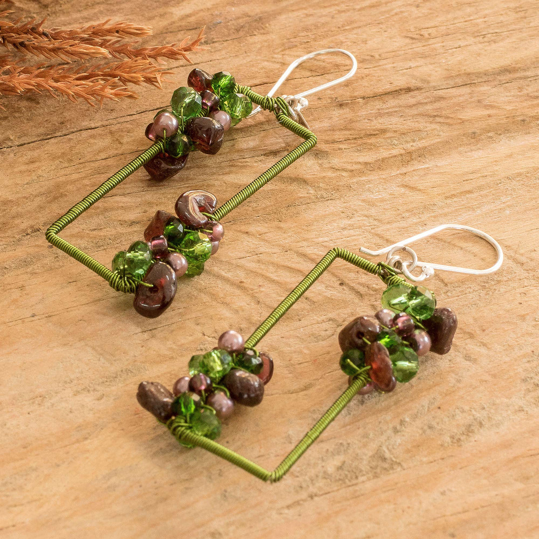 Handmade Green Garnet Crystal & Glass Beaded Dangle Earrings - Precious Green