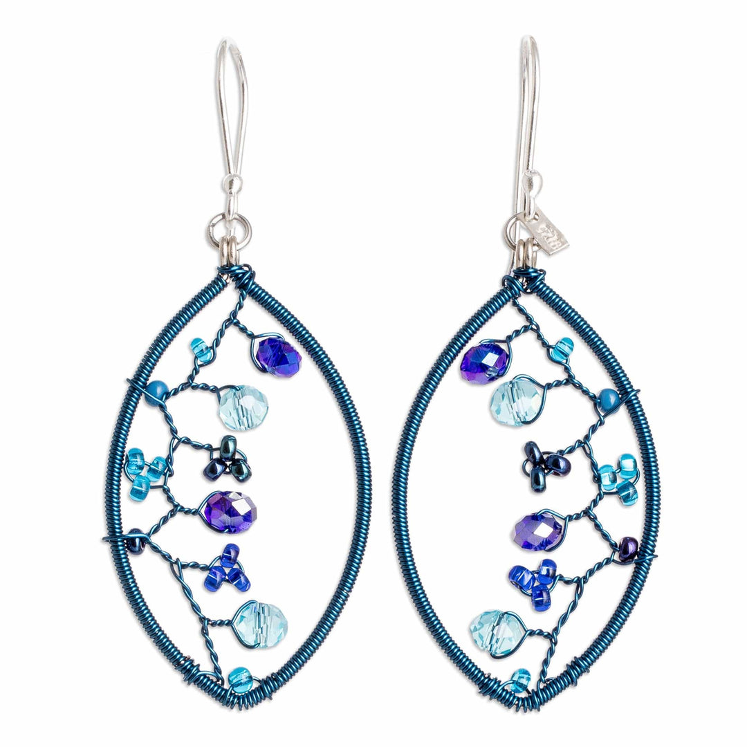 Blue Crystal and Glass Beaded Dangle Earrings with Hooks - Blue Crystal Web