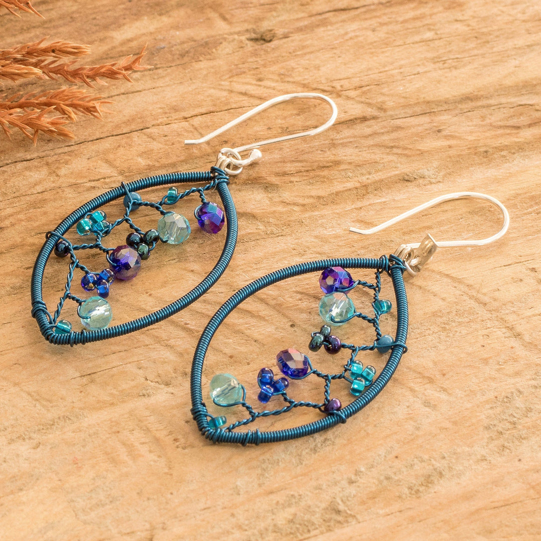 Blue Crystal and Glass Beaded Dangle Earrings with Hooks - Blue Crystal Web