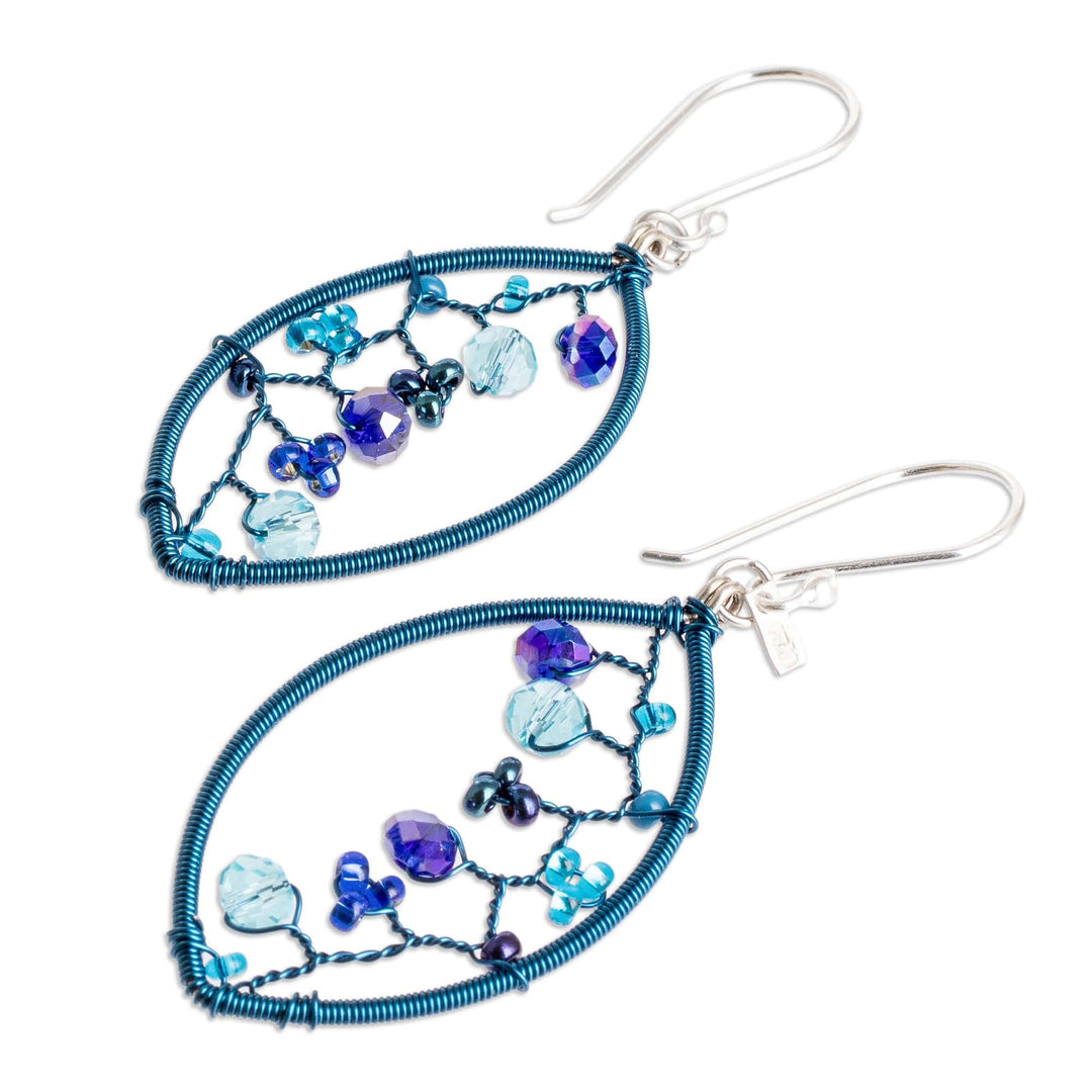 Blue Crystal and Glass Beaded Dangle Earrings with Hooks - Blue Crystal Web