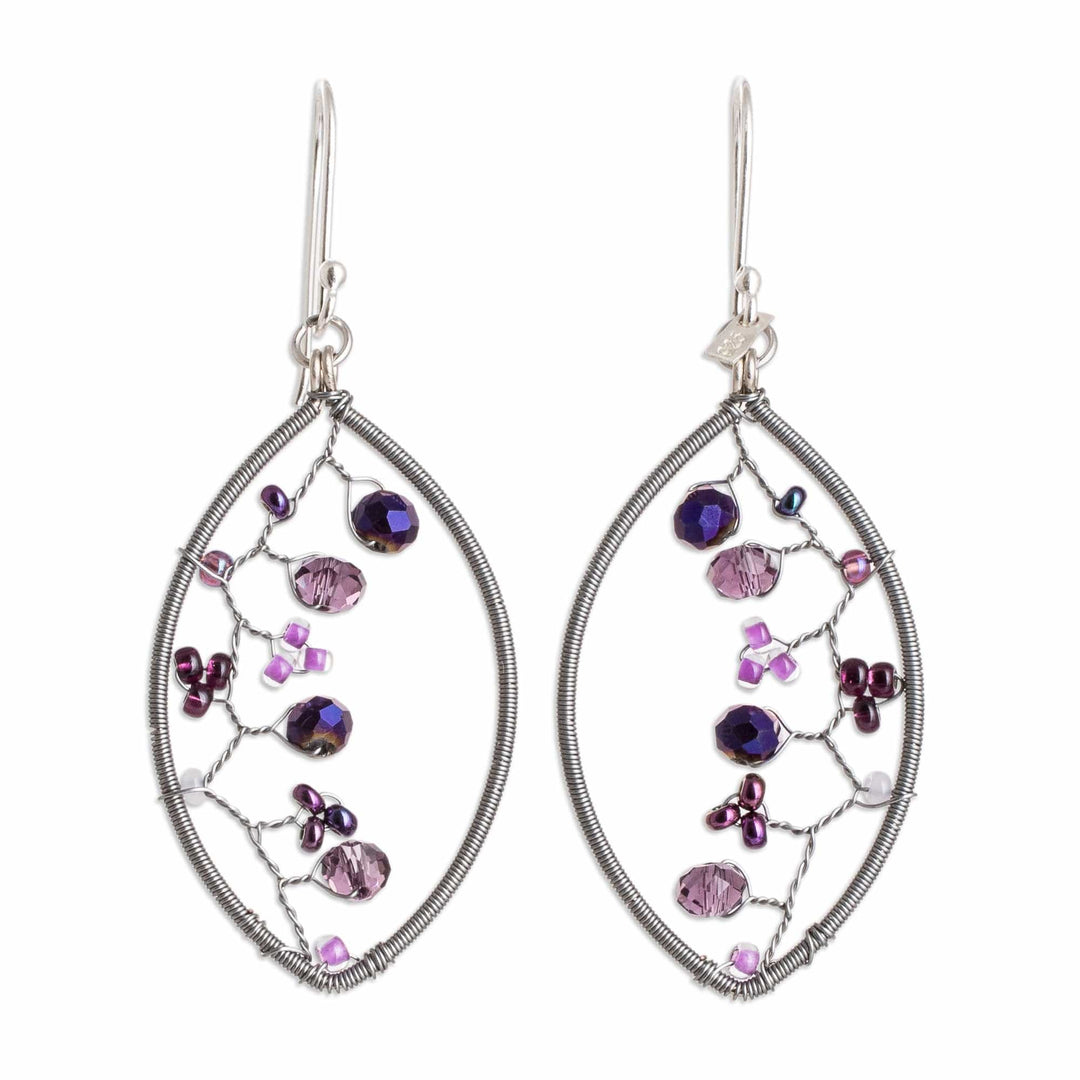 Purple Crystal and Glass Beaded Dangle Earrings with Hooks - Purple Crystal Web